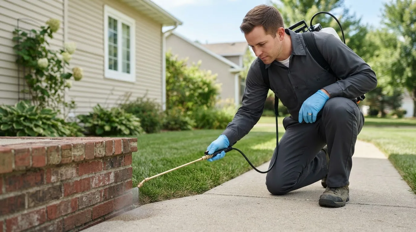 Pest control technician treating a home near Maybee, MI